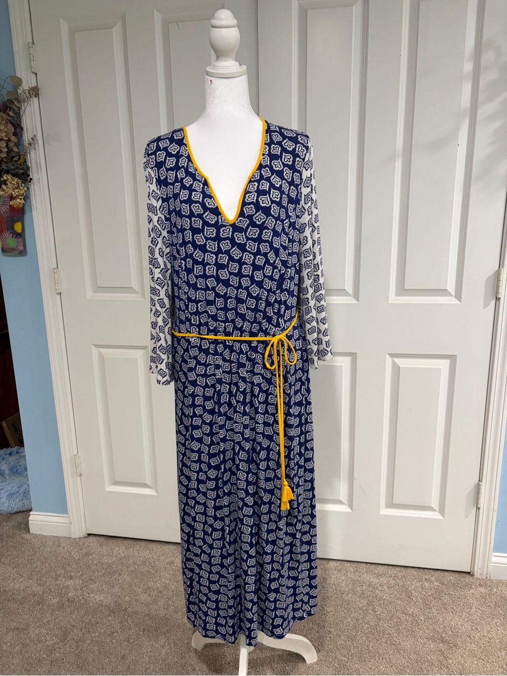 Boden Navy Printed Maxi Dress with Yellow Trim and Tie